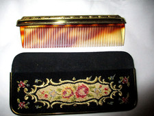 Vintage Floral Petit Point Case w/ Gold Trim - Tortoise Shell Comb