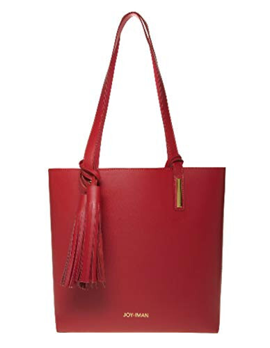 JOY IMAN Tassel Leather Handbag Tote with Fabric Insert, Red