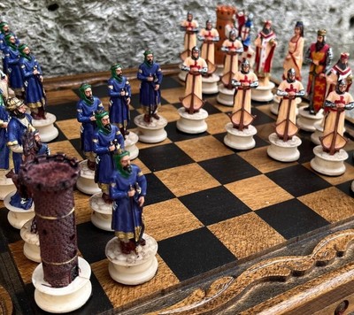 Crusaders Chess Set Hand Painted Chessmen Walnut Vintage Chess Board, Gift Idea 