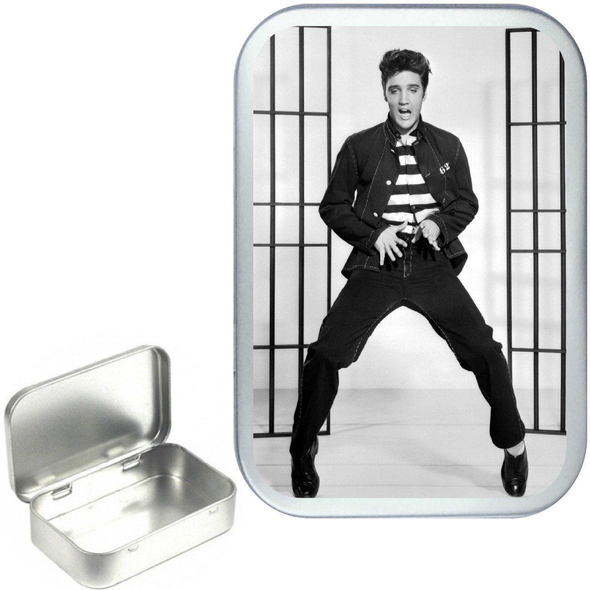 2oz hinged tobacco tin Elvis Jail House Silver Hinged Tobacco Tin, Sweet Tin, pill Box,1oz /2oz