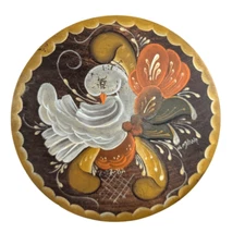 Vintage 80s Hand Painted Wood Round Trinket Container Bird Boho