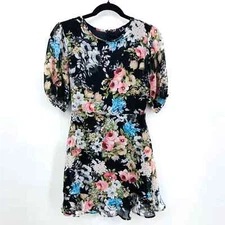 LULUS Black Colorful Floral Print Short Sleeve Mini Easter Dress Size XS