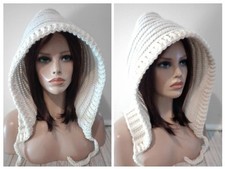 crochet womans handmade pixie oversized hood hat scoodie cream aran
