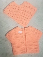 Handmade Crochet Baby Poncho Shawl Set Orange Infant 0-3m Girl Shower Gift 