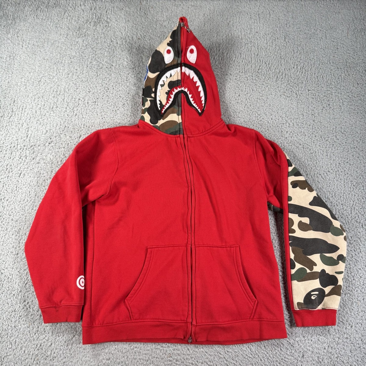 A Bathing Ape Bape Hoodie Mens Large Red Camo Shark Full Zip WGM
