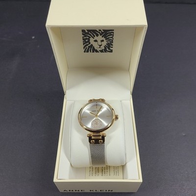Anne Klein Women's Watch Crystal Accented Mesh Bracelet Silver Gold 3001SVTT NIB
