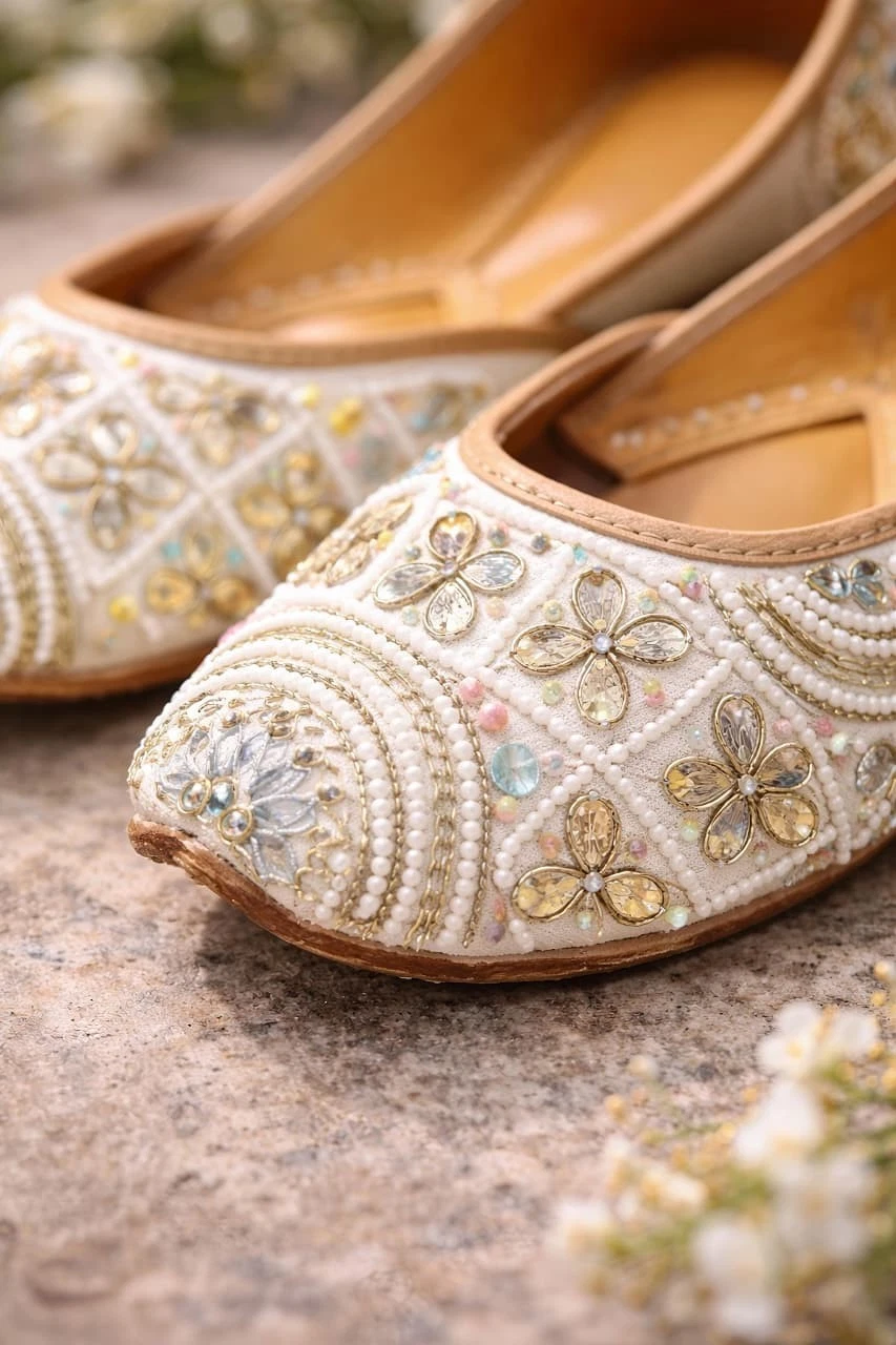 Handmade Leather Punjabi Jutti Women Ivory Pearl Beaded Bridal Khussa Shoes