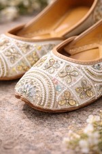 Handmade Leather Punjabi Jutti Women Ivory Pearl Beaded Bridal Khussa Shoes