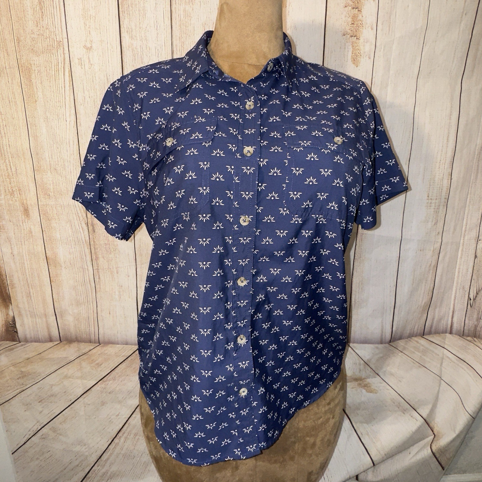 Eddie Bauer Blue Patterned Button Down Top, outdo… - image 2