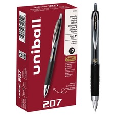 uniball 207 Retractable Gel Pens, Micro Point 0.5mm , Black, 12 Pack