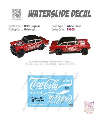FS005 White Toner Universal Waterslide 1/64 Decal # COKE WHITE Custom Hotwheels