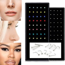Stainless Steel Nose Silver Studs Straight I L Screw Set Piercing Rings Zirconia
