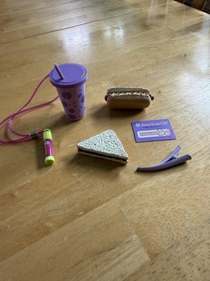 American Girl Doll Lunch Food Drink Library Card Hair Clip Lip Balm Joss Surfer