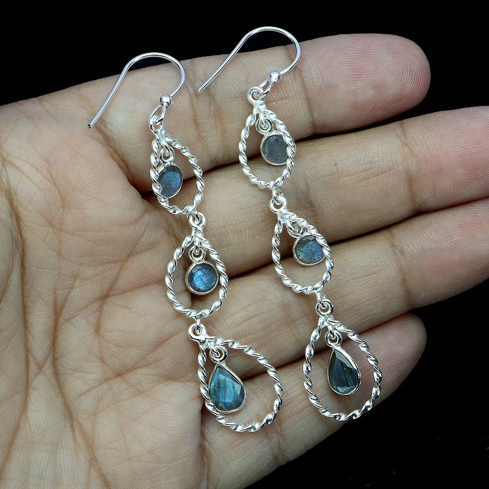 925 Sterling Silver Earrings Pear Labradorite 6x4mm Natural Gemstone Jewelry - Image 2 of 4