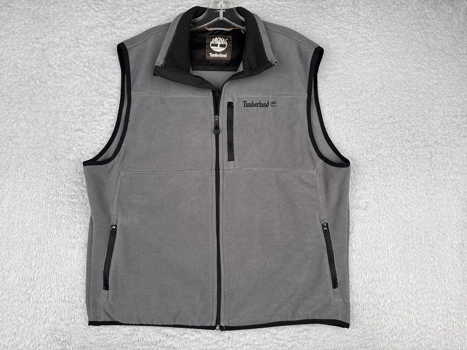 Timberland Vest Mens Large Gray Fleece Full Zip Stand Collar Chest Zip Pocket