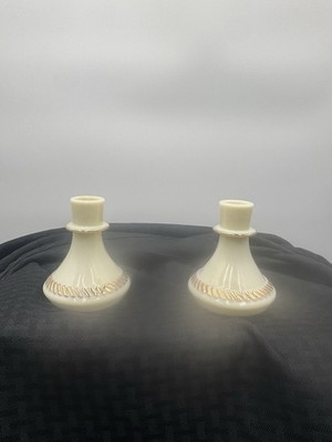 Vintage Pair Custard Glass Wheaton Ware Candle Holders Gold Trim 1970's
