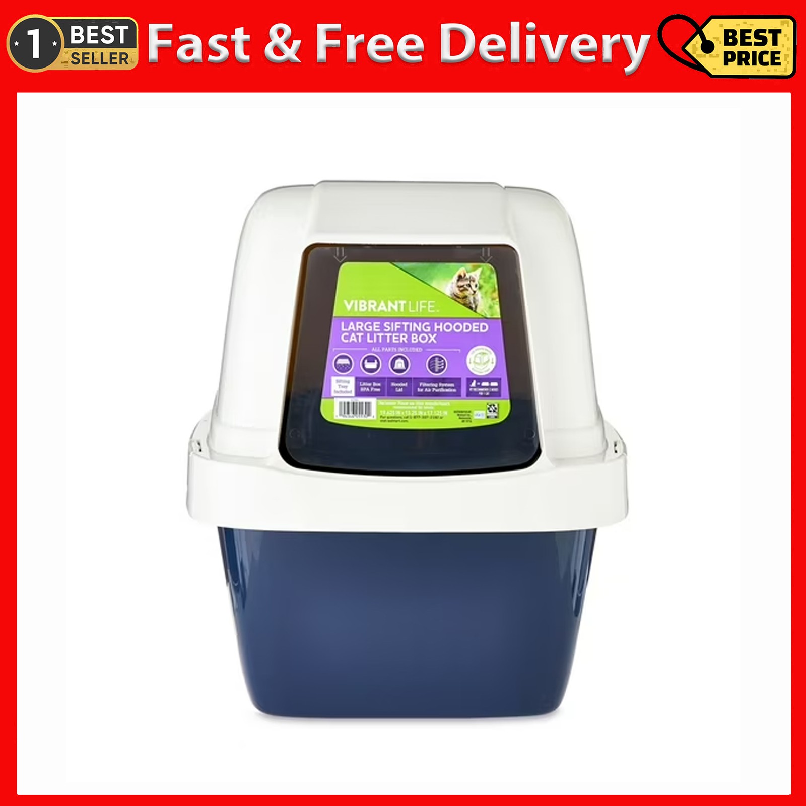 Vibrant Life Large Sifting Hooded Enclosed Cat Litter Box, neww