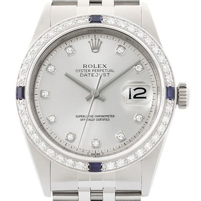 Rolex Datejust Silber Diamant Saphir 18K Gold & Ss Jubiläum Uhr