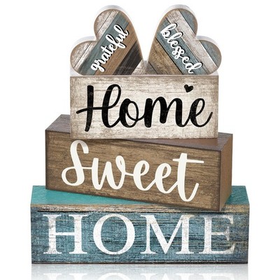 4 Pcs Farmhouse Wooden Tabletop Decor Sweet Home Tiered Tray Decor Rustic Hea...