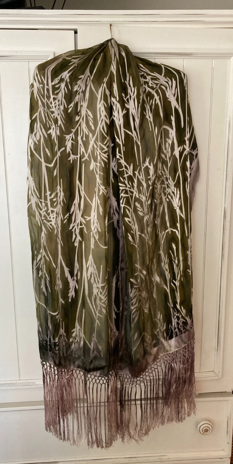 Handpainted by Siobhan Silk Rayon Green Fringed Scarf Shawl Wrap