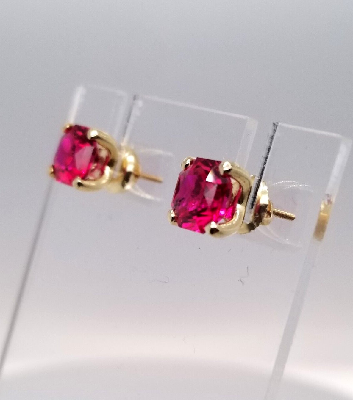 LAB-RUBY STUD EARRINGS SOLID 14K YELLOW GOLD Scre… - image 3