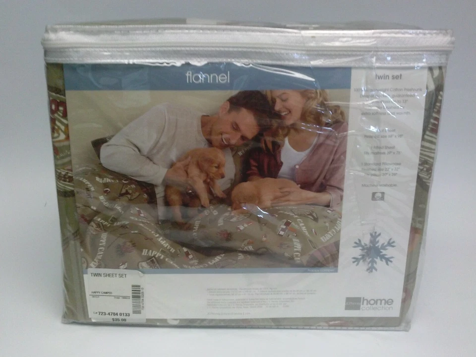 Brand New JC Penney Home Heavyweight HAPPY CAMPER Cotton Twin Flannel Sheet Set - Image 2 of 4