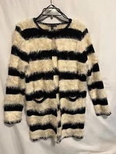 Romeo Juliet Couture Black Off White Striped Cardigan Fuzzy Sweater Medium