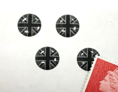 4 x Union Jack Flag Stickers Domed Finish Black & 2 Tone Grey Miniature 10mm