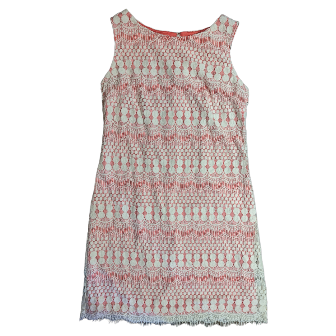 Eliza J Crochet Lace Overlay Dress Lined Sleeveless Coral Pink White Sz 10