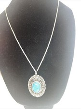 Turquoise Stone Color Pendant Necklace 30 Inches Long Silver Tone