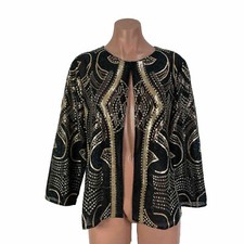 Chicos Travelers Sz 1 M Black Gold Sequins Geometric Open Front Jacket Coat