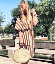 LAST NWT ZARA BROWN ECRU STRIPED LOOSE FIT V-NECK LONG TUNIC DRESS 6050/083