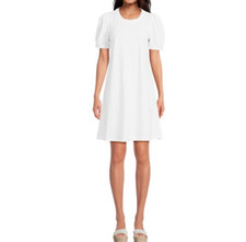 Time and Tru Womens Dress Size XS Vivid White Cotton Puff Sleeve A-Line Casual