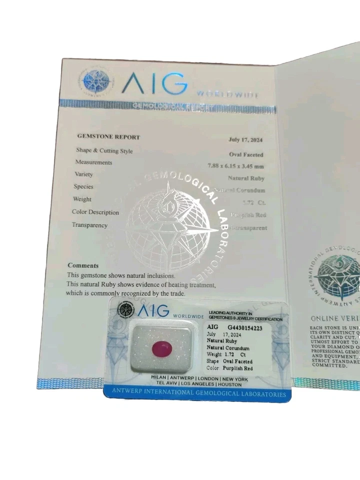 Rubino Naturale 1.72 Ct  certificato AIG   -Emerald Natural Certified - Imagen 2 de 4