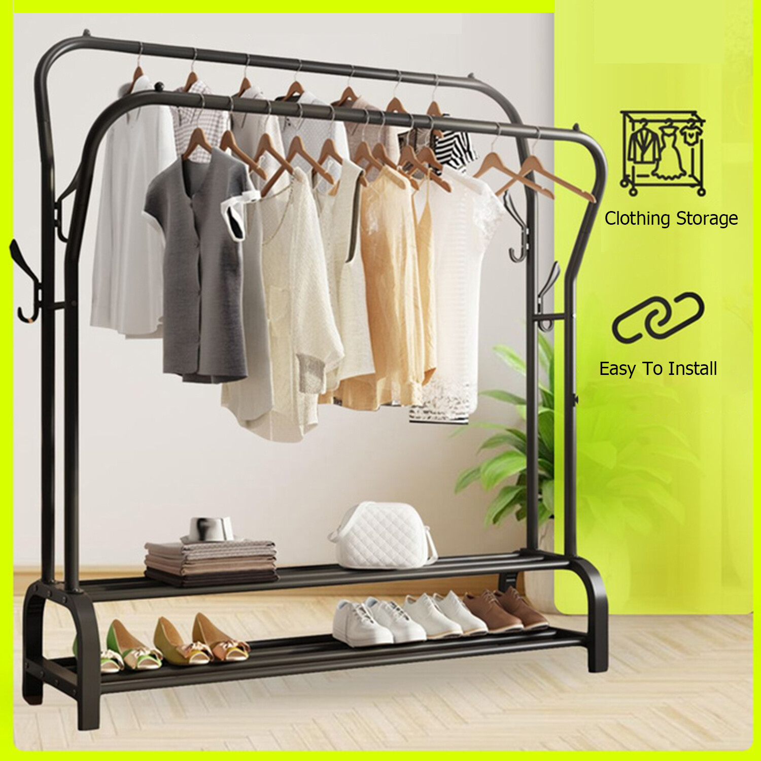 2Bar Garment Rack Metal Heavy Duty Closet Organizer Clothes Hanger Shoes Storage