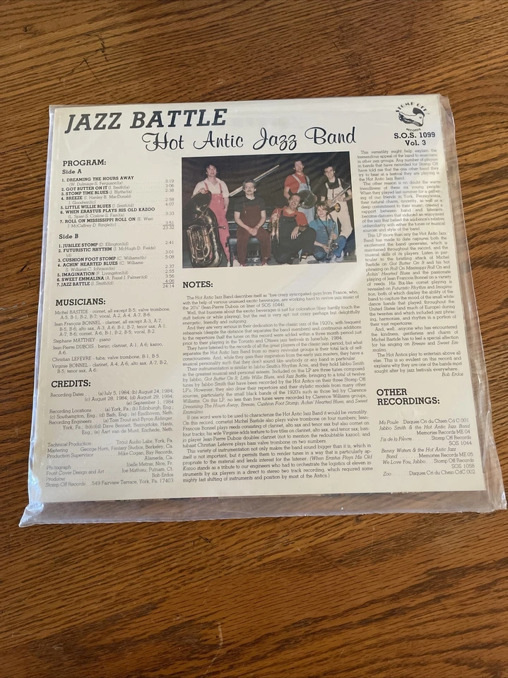Hot Antic Jazz Band – Jazz Battle LP- Stomp Off Records – S.O.S. 1099 SEALED - Image 2 of 4