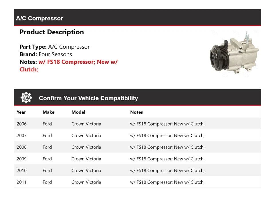Compresor de aire acondicionado Ford Crown Victoria 2006-2011 4 estaciones 2007 2008 2009 2010 Foto 2 de 4