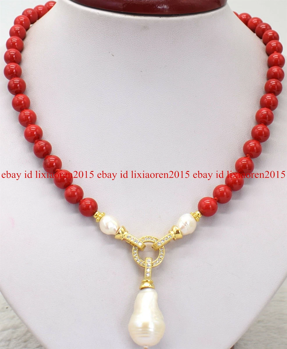 10mm South Sea Red Coral White Keshi Baroque Pearl Drop Pendant