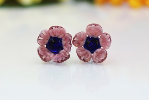 Ohrstecker Blüte Blumen Ohrringe Lampwork Rosa Nachtblau Edelstahl #AS028 - Bild 2 von 10