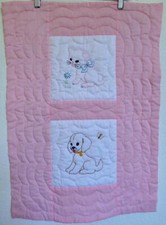 Vintage Hand Quilted Embroidered Puppy Kitten Baby Quilt Pink Gingham Bassinett