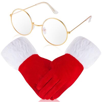Weewooday 2 Pcs Christmas Santa Claus Costume Glasses Red Velvet Gloves Santa Ac
