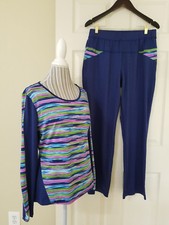 Womens Athletic Gym Yoga 2 Pc.Top  Pants Suit Navy Blue Multi Stretch Sz. L