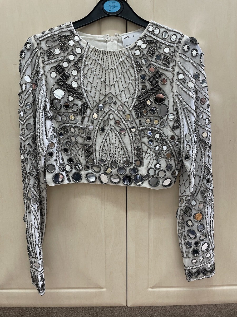 Beautiful Asos Embellished Mirror Long Sleeve Top Size UK