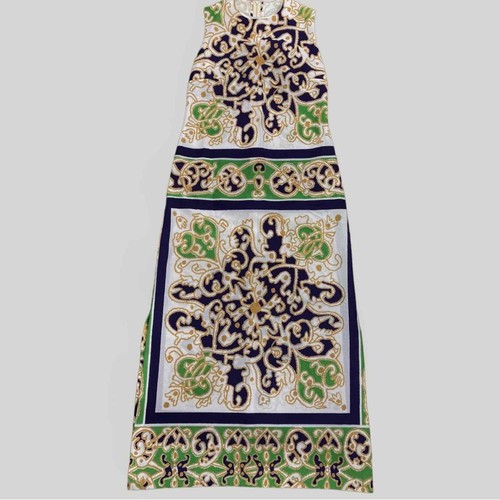 Vintage 70s Leslie Fay Soft White Purple Green Side Slit Baroque Maxi Dress - Picture 8 of 9
