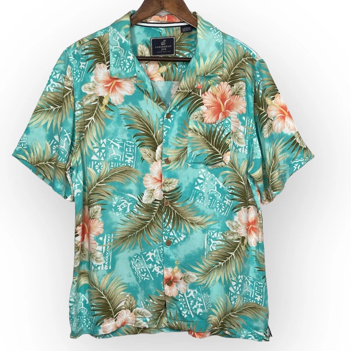 Chemise Hawaïenne Homme Caribbean Joe, Taille L, Verte à Fleurs, En Soie Lavable Manches Courtes
