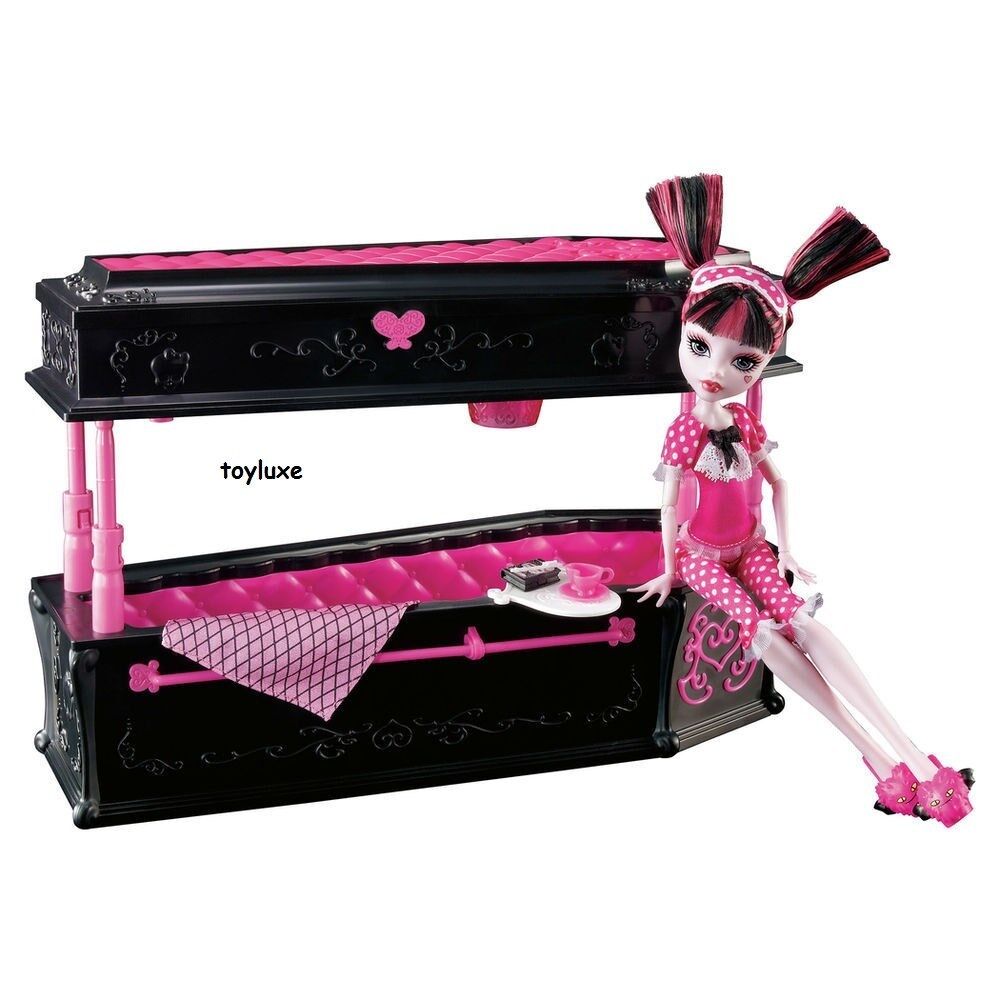 Monster High DEAD TIRED Draculaura Doll + JEWELRY BOX Coffin Bed Furniture Set!