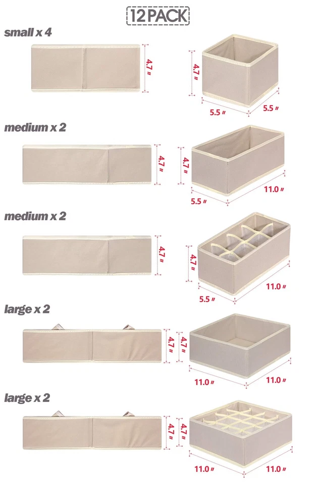 12 Pack Foldable Drawer Organizer Dividers Cloth Storage Box Closet Dresser O... - Image 2 of 4