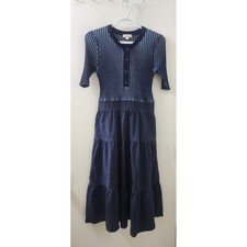 Shoshanna Navy Striped Ribbed Knit Tiered Mixed Media Midi Dress Small Womens