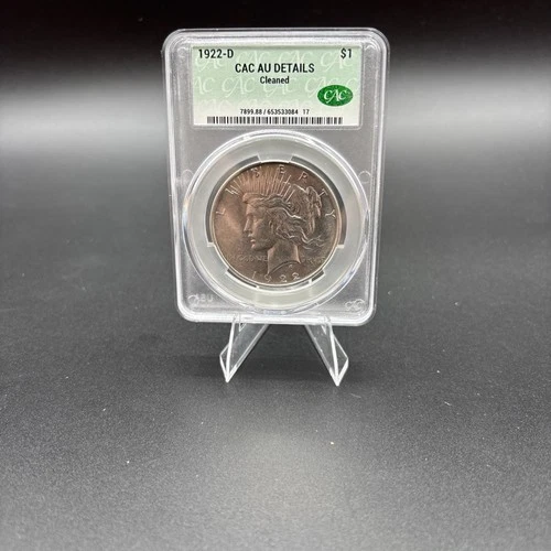 1922-D Silver Peace Dollar 90% Silver CAC AU Details Cleaned