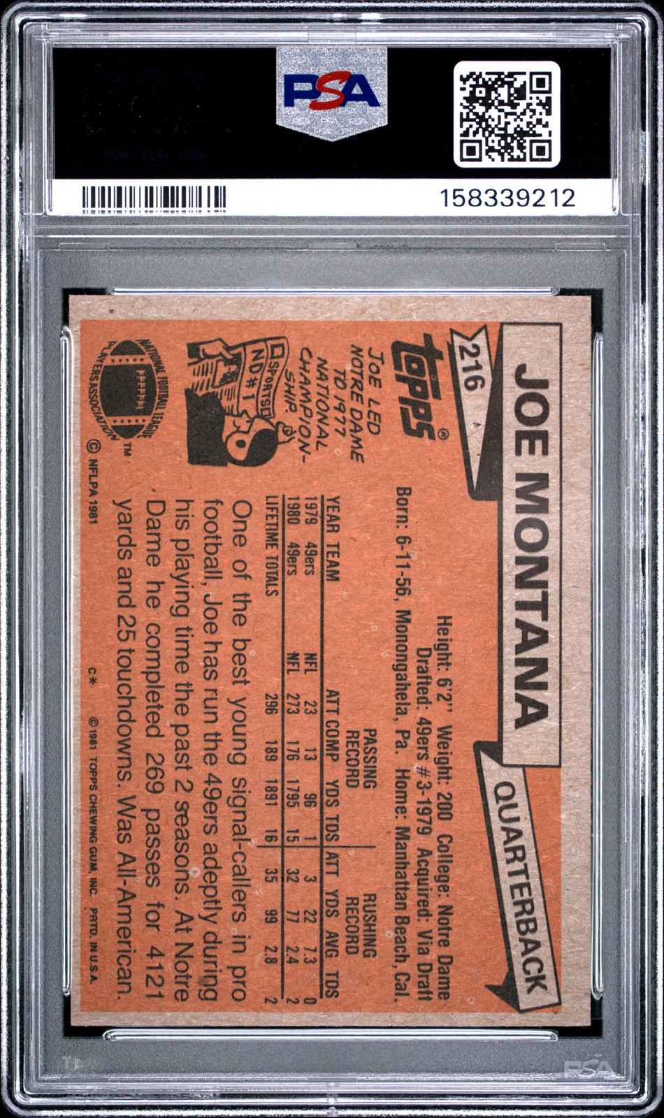 1981 TOPPS #216 JOE MONTANA ROOKIE RC PSA 7 view 2